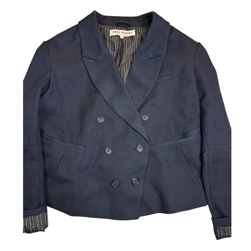 Free People Double Breasted Blazer Jacket Navy Cropped Boxy XL Minimalist - Picture 4 of 9